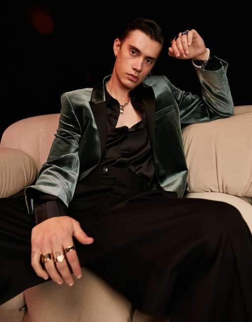 ASOS DESIGN - Blazer super skinny in velluto verde bosco con rever a contrasto