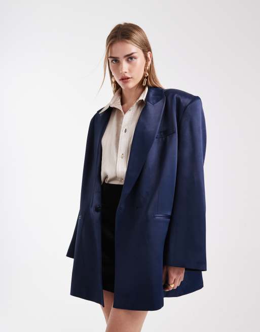 ASOS DESIGN - Blazer taglio lungo oversize blu navy in raso
