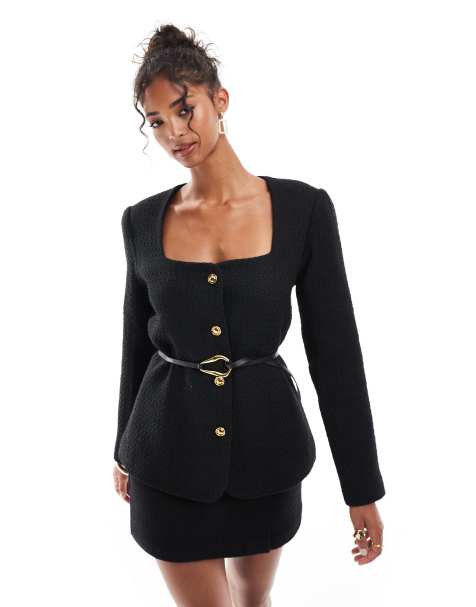 ASOS DESIGN - Blazer van bouclé met lage ronde hals en riem in zwart - view 1