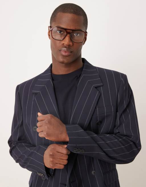 ASOS DESIGN - Blazer vestibilità comoda color blu navy gessato, 3 di 5