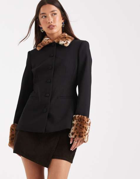 ASOS DESIGN blazer with leopard print faux fur collar and cuff detail in black - view 1