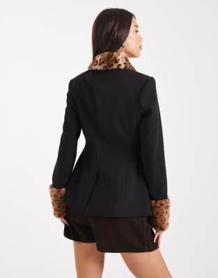 Asos Design Blazer With Leopard Print Faux Fur Collar And Cuff Detail In Black
