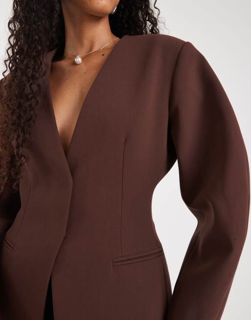 ASOS DESIGN - Blazer zonder kraag met bandje in chocoladebruin, 3 van 4