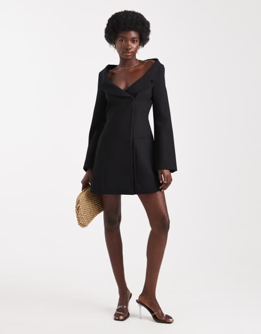 ASOS DESIGN - Blazerjurk met blote schouders in zwart, 2 van 4