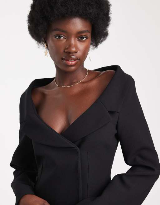 ASOS DESIGN - Blazerjurk met blote schouders in zwart, 3 van 4