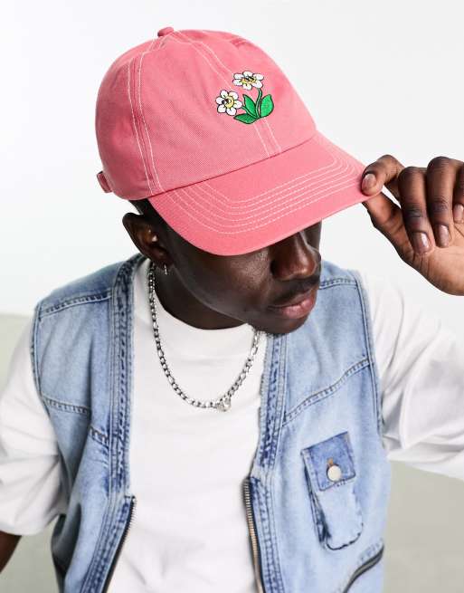 ASOS DESIGN - Blød baseball-kasket med flad top og blomsterbroderi i pink