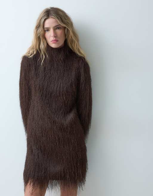 ASOS DESIGN blød langærmet minikjole med ståkrave i chokoladebrun, 2 af 4