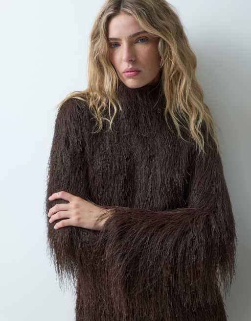 ASOS DESIGN blød langærmet minikjole med ståkrave i chokoladebrun, 3 af 4