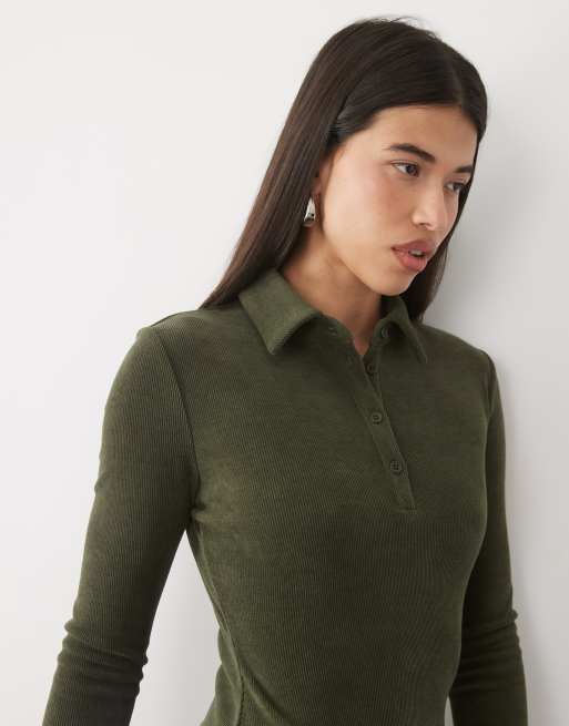 ASOS DESIGN blød manchester langærmet polo-minikjole i khaki, 4 af 4