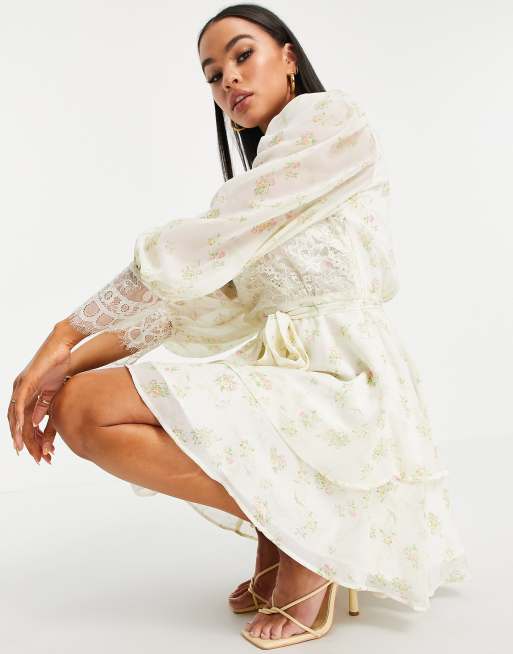 ASOS DESIGN - Blød mini-skaterkjole med småblomstret print og eyelash-blonder