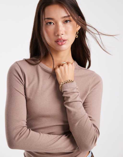 ASOS DESIGN - Blød og langærmet T-shirt med krympet look i mocha-print, 2 af 4