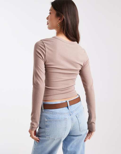 ASOS DESIGN - Blød og langærmet T-shirt med krympet look i mocha-print, 4 af 4