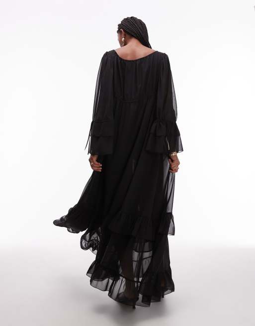 ASOS DESIGN - Blød sort maxikjole i chiffon med volumen og bindefront, 3 af 4