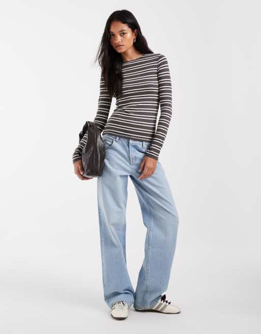 ASOS DESIGN blød top med rund hals og lange ærmer i chokoladefarvet stribe, 2 af 4