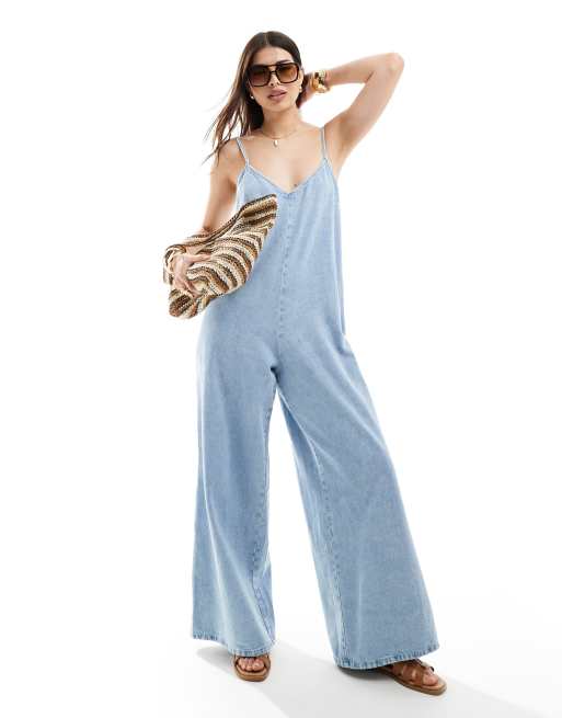 ASOS DESIGN - Blødt jumpsuit i denim i lys vask