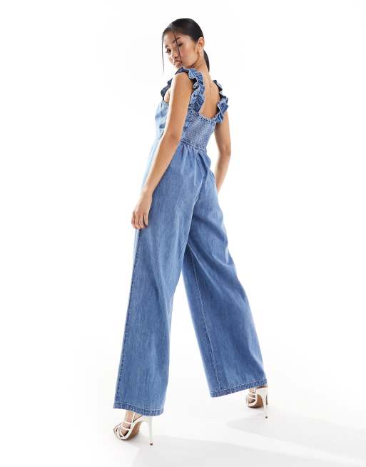 ASOS DESIGN - Blødt jumpsuit med flæsestropper i mellemblå denim, 4 af 4