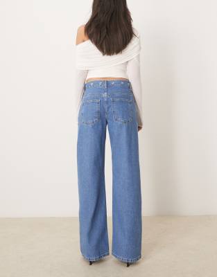 Asos Design Bleached Boyfriend Jean With Eyelet Waistband-blue In Blue