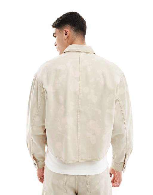 ASOS DESIGN - Bleget ecru cropped firkantet Harrington-jakke - Del af sæt, 3 af 4