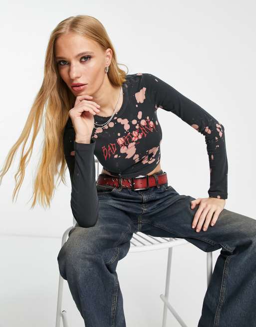 ASOS DESIGN - Bleget, langærmet top med bad influence-grafik