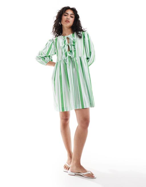 ASOS DESIGN - Æblegrøn smock-minikjole med bindebånd og sløjfer foran