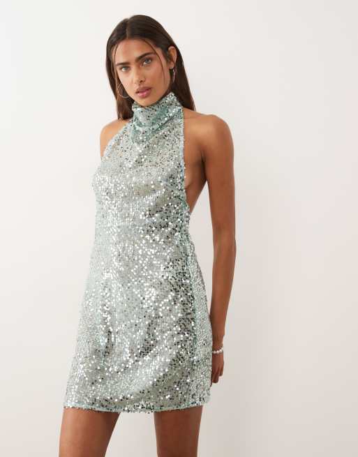 ASOS DESIGN – Blekblå, skir, utsmyckad miniklänning med utspridda paljetter och halterneck, 2 av 4