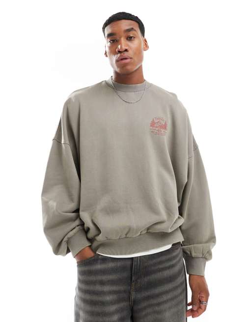 ASOS DESIGN – Blekgrå sweatshirt i extra oversize med puffigt bergstryck fram- och baktill, 2 av 4