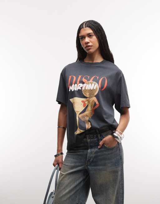 ASOS DESIGN – Blekgrå t-shirt i oversize med vintage disco martini-tryck
