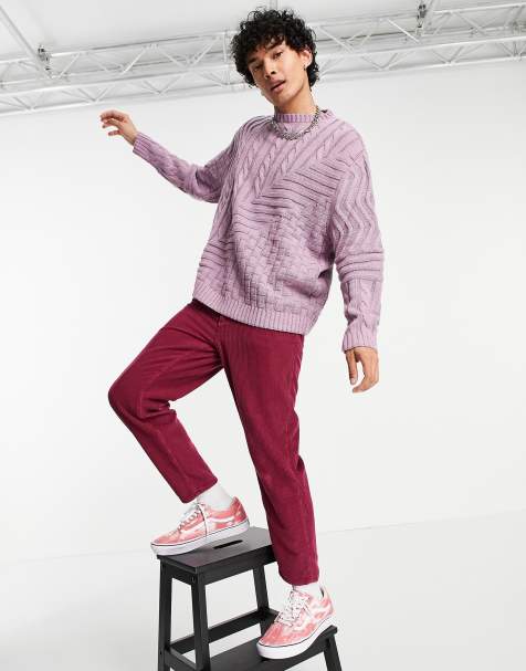 ASOS DESIGN – Bleklila stickad tröja med kabelstickade paneler - view 1