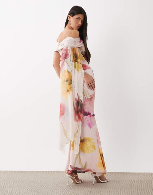 ASOS DESIGN – Blekrosa, blommig maxiklänning med nedvikt kant, bara axlar och släp, 4 av 4