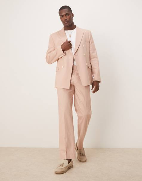 ASOS DESIGN – Blekrosa, dubbelknäppt kostym i linne med smal passform - view 1