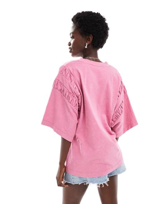 ASOS DESIGN – Blekrosa t-shirt i oversize med rynkad ärmdetalj, 3 av 4