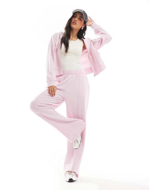 ASOS DESIGN – Blekrosa, våfflat set med huvtröja med dragkedja och mjukisbyxor - view 1