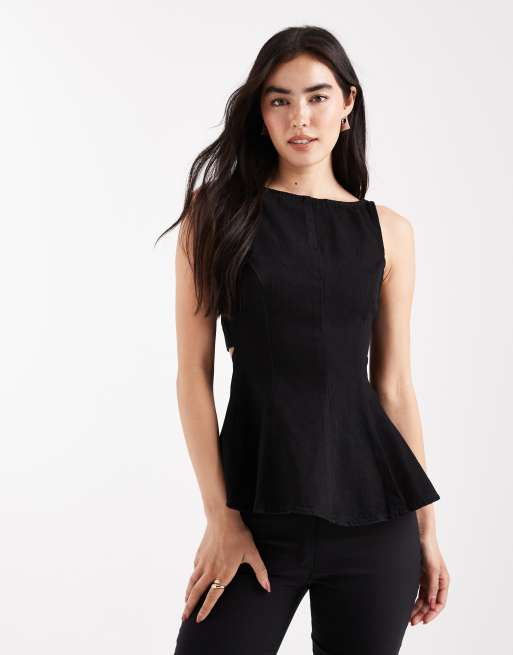 ASOS DESIGN – Bleksvart jeanstopp i peplum-modell med rosett, 2 av 4