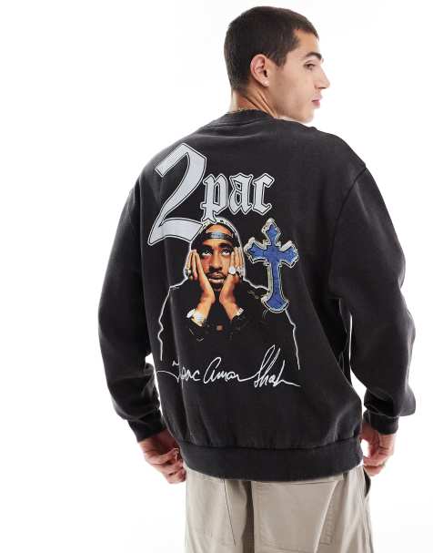 ASOS DESIGN – Bleksvart sweatshirt i oversize och unisex-modell med licensierat Tupac-tryck - view 1
