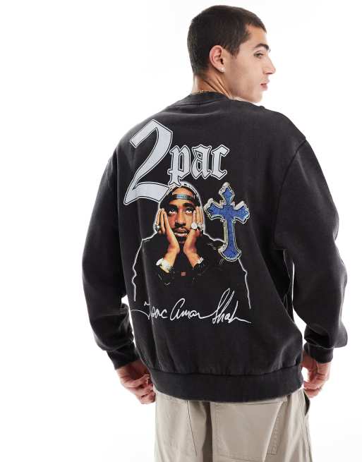 ASOS DESIGN – Bleksvart sweatshirt i oversize och unisex-modell med licensierat Tupac-tryck