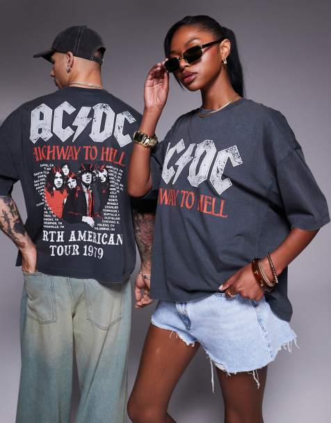 ASOS DESIGN – Bleksvart t-shirt i oversize och unisex-modell med boxig passform och AC/DC Tour-tryck - view 1