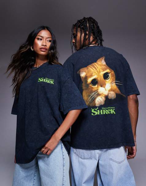 ASOS DESIGN – Bleksvart t-shirt i oversize och unisex-modell med Shrek Puss in Boots-tryck - view 1