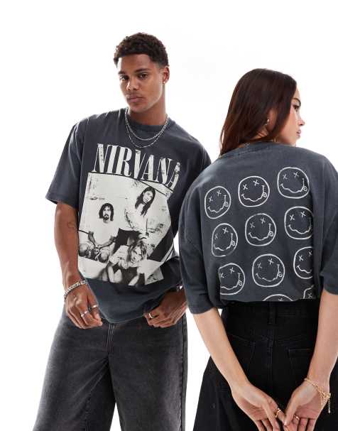 ASOS DESIGN – Bleksvart t-shirt i unisex-modell och oversize med Nirvana-tryck och broderi - view 1