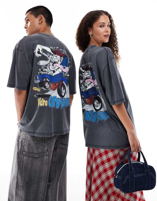ASOS DESIGN – Bleksvart t-shirt i unisex-modell och oversize med The Ramones-tryck