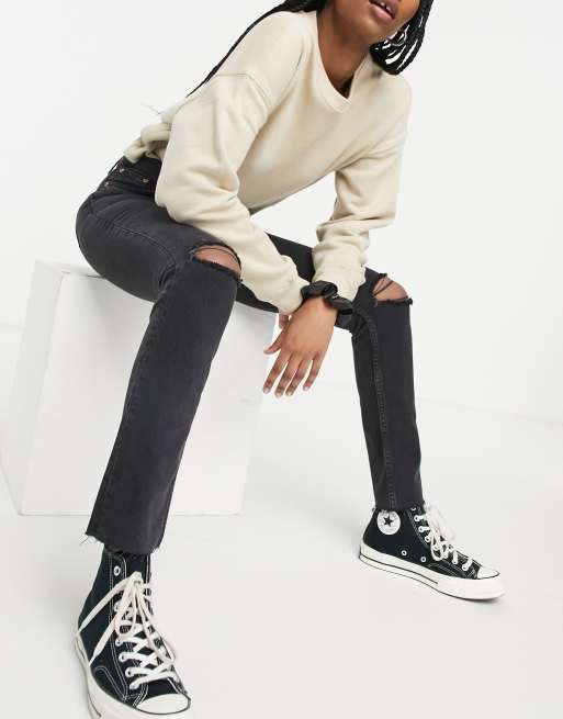 ASOS DESIGN – Bleksvarta skinny jeans i vintage-stil med mellanhög midja och revor