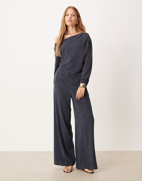 ASOS DESIGN – Blekt bläckblå, mjuka, stilrena byxor med vida ben, del av set - view 1