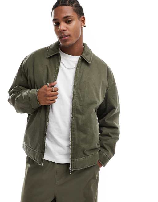 ASOS DESIGN – Blekt kakigrön harrington-jacka i oversize