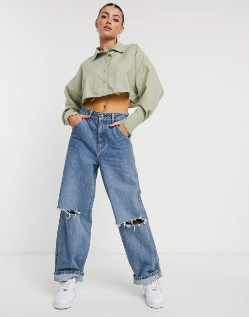 ASOS DESIGN – Blekt khakigrön skjorta i kort design med rå fåll
