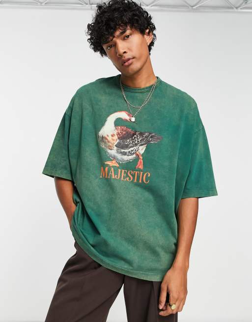 ASOS DESIGN – Blekt khakigrön t-shirt i tjockt material med anktryck framtill, oversize modell