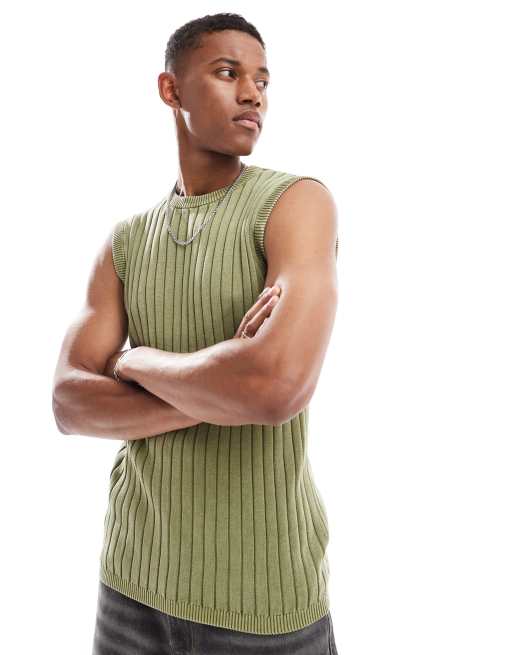 ASOS DESIGN – Blekt khakigrönt, ribbstickat linne i muscle fit