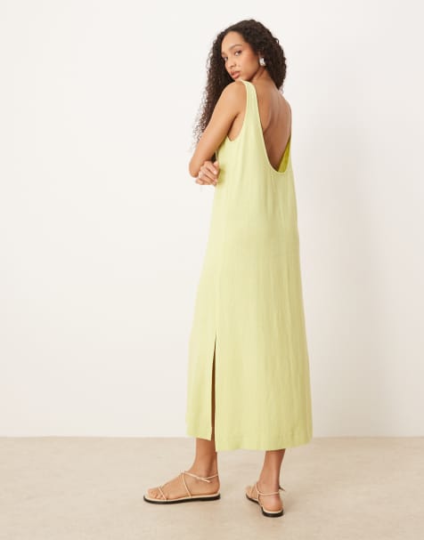ASOS DESIGN – Blekt limegrön midiklänning med djup halsringning i linnemix - view 1