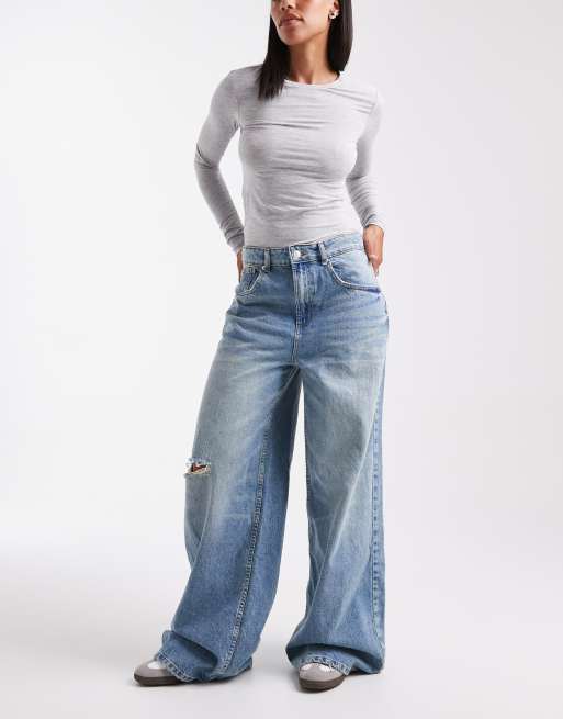  ASOS DESIGN – Blekt vintageblå jeans med vida ben, indragning och hög midja