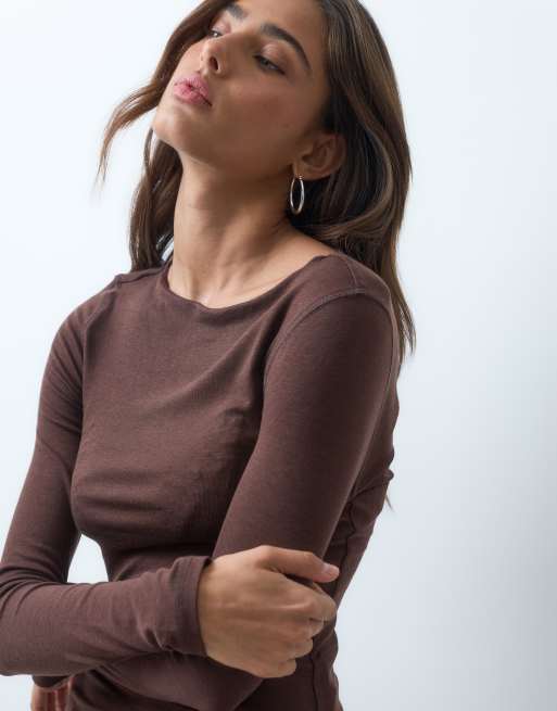 ASOS DESIGN blend boat neck long sleeve top in choc, 2 of 5