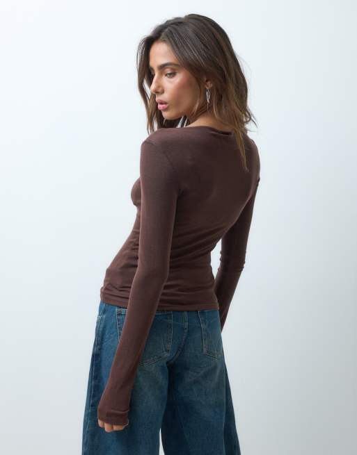 ASOS DESIGN blend boat neck long sleeve top in choc, 5 of 5