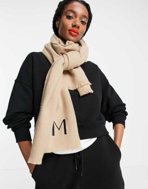 ASOS DESIGN blend personalised scarf with M initial in stone